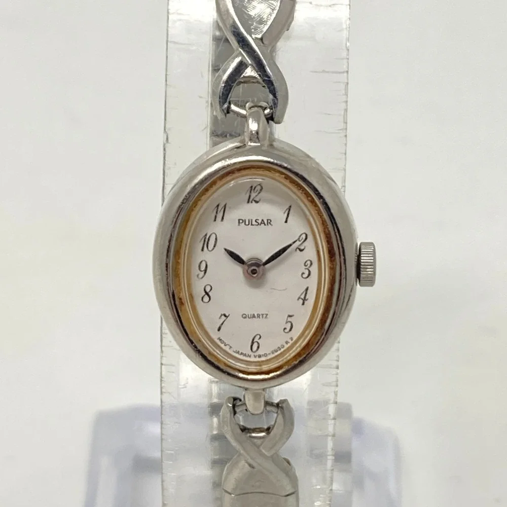 Vtg Pulsar Watch Women Silver Tone 16mm Oval Dial V810-5160 Stretch New Battery